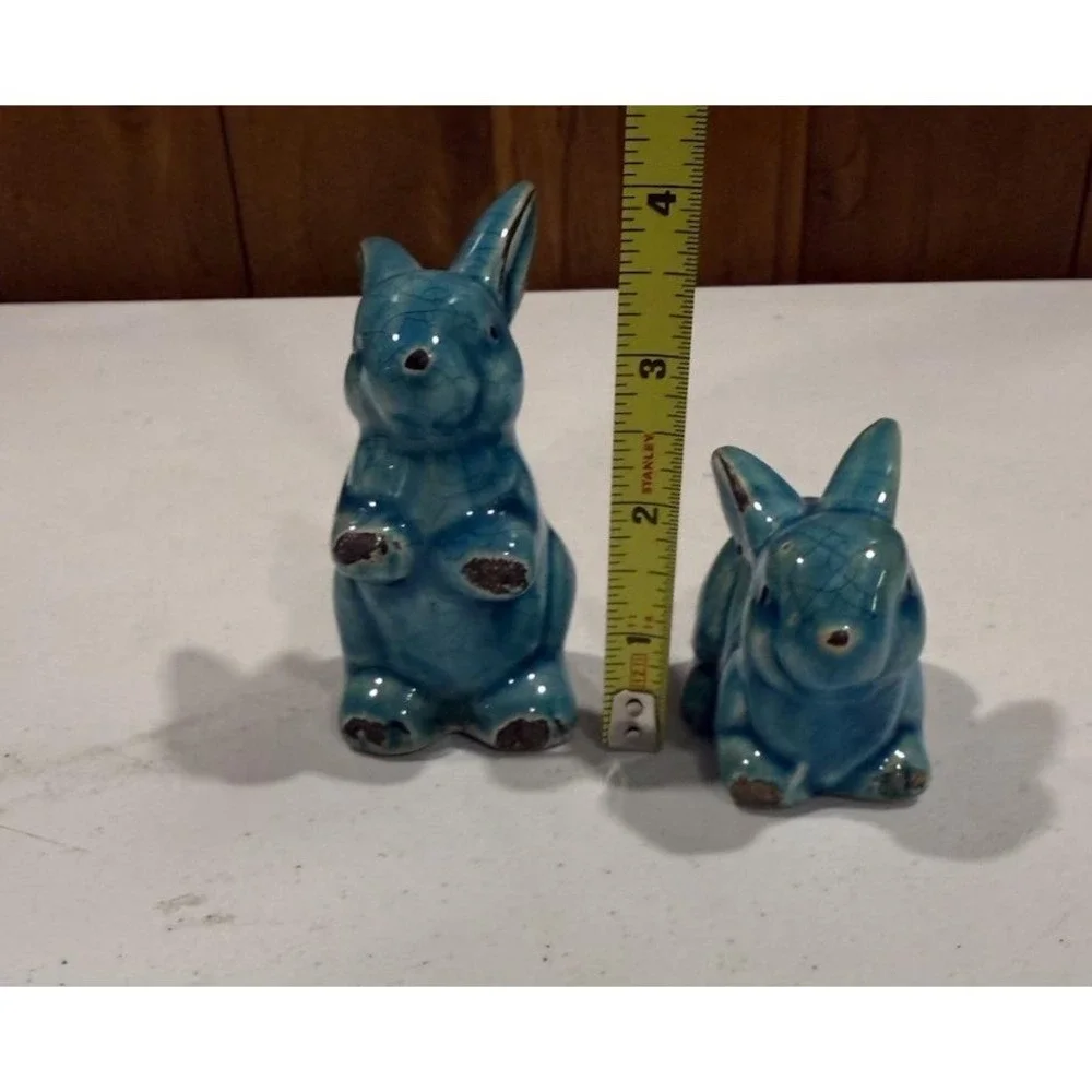 Turquoise Crackle Glaze Rabbit Figurines (2) Distressed Vintage Style